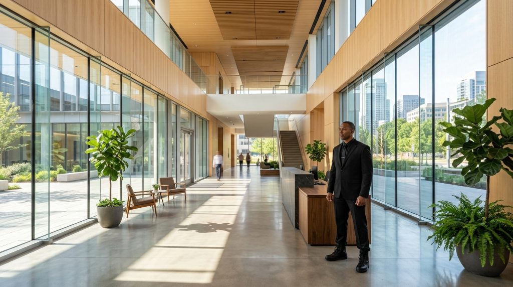 Professionnel de la sécurité privée en posture de surveillance dans le hall lumineux d'un siège social