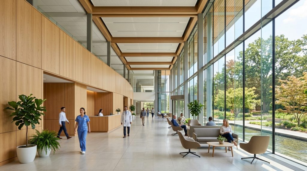 Grand atrium contemporain d'un établissement de santé avec verrière et panneaux de bois clair