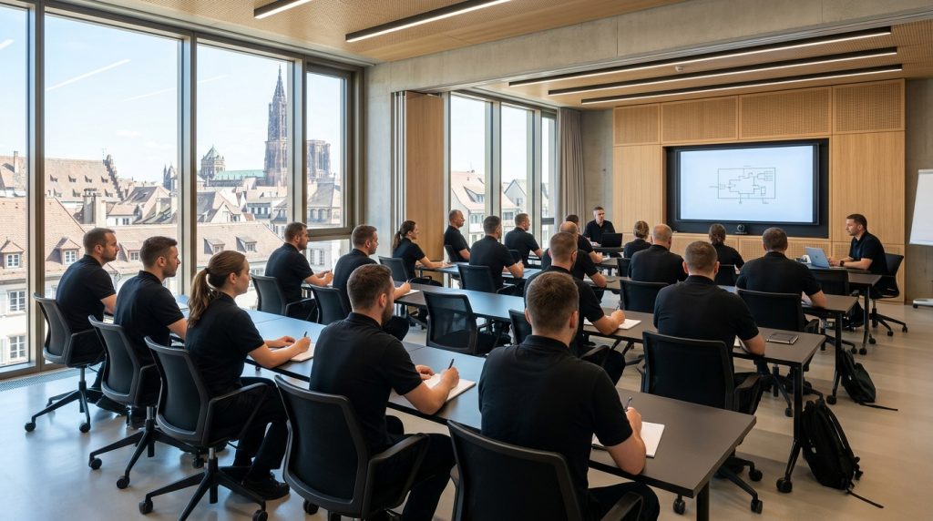 Salle de cours d'un centre de formation d'agents de sécurité avec vue sur Strasbourg