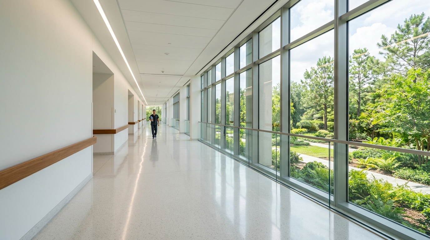 Couloir épuré et lumineux d'un hôpital moderne donnant sur un parc verdoyant