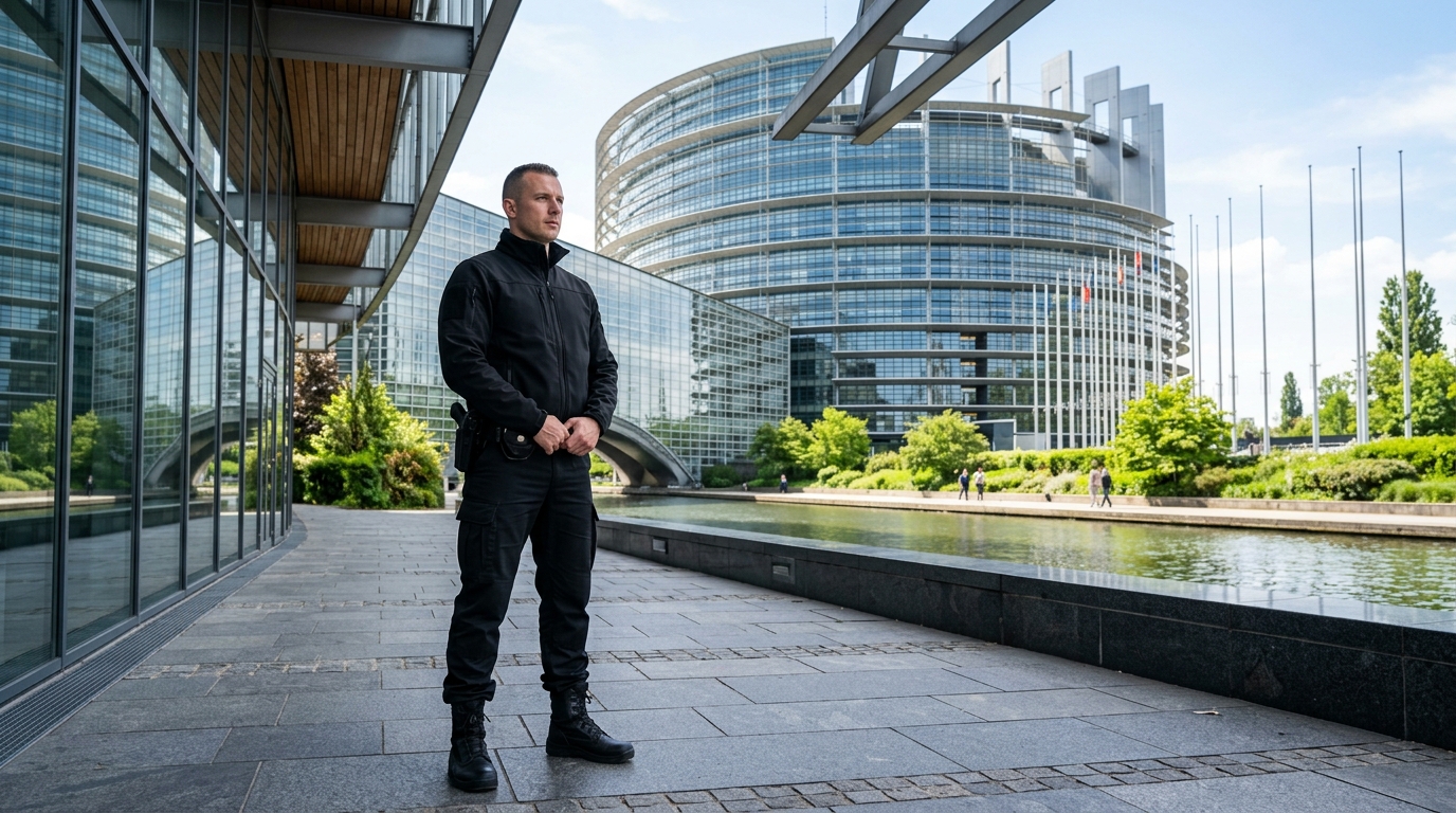 Agent de sécurité privée en surveillance près du quartier des institutions européennes à Strasbourg
