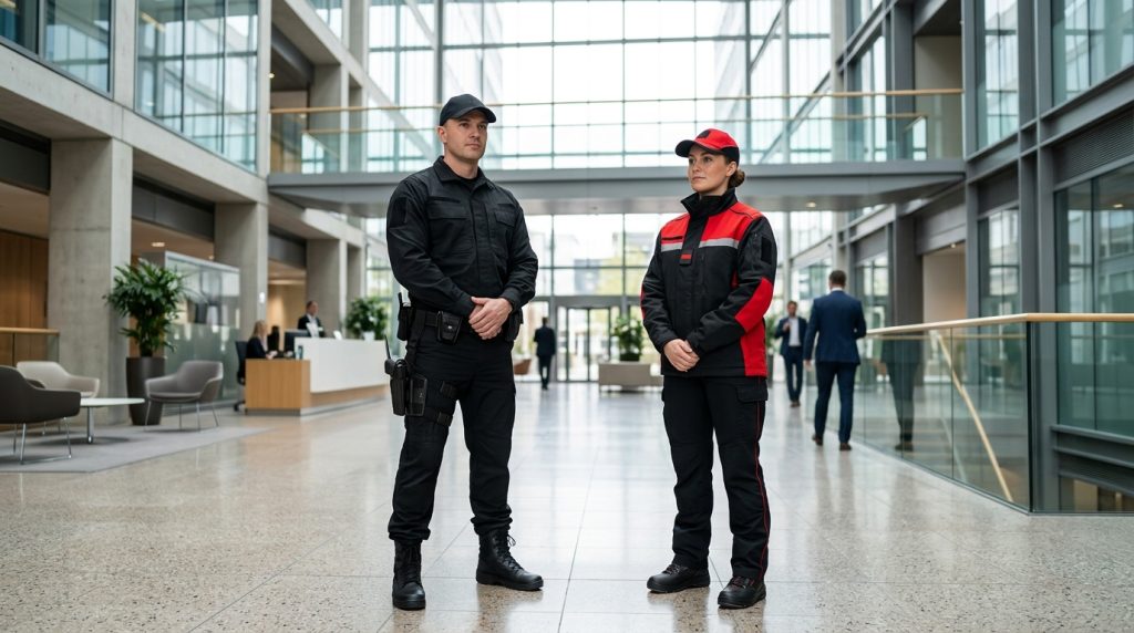 Duo d'agents combinant surveillance privée en noir et sécurité incendie SSIAP 1 en noir et rouge