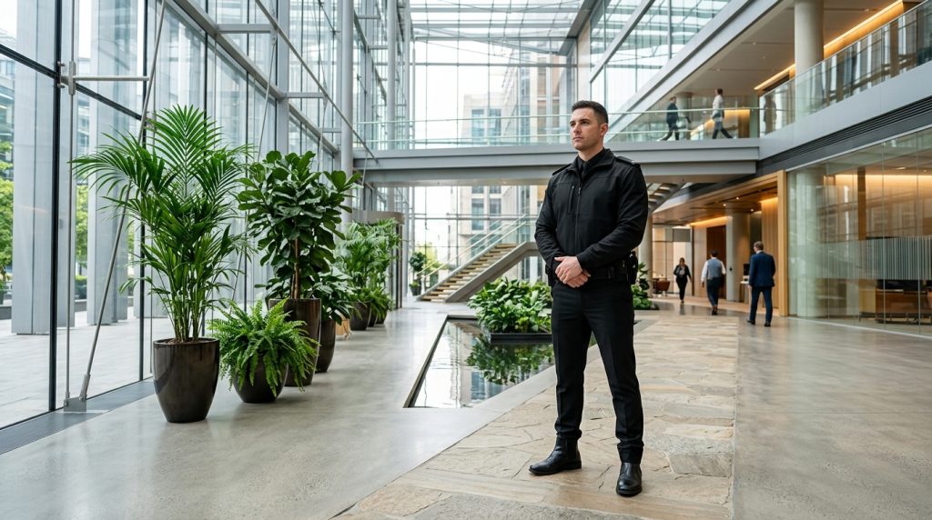 Professionnel de la sécurité privée en posture de surveillance dans un grand atrium d'entreprise