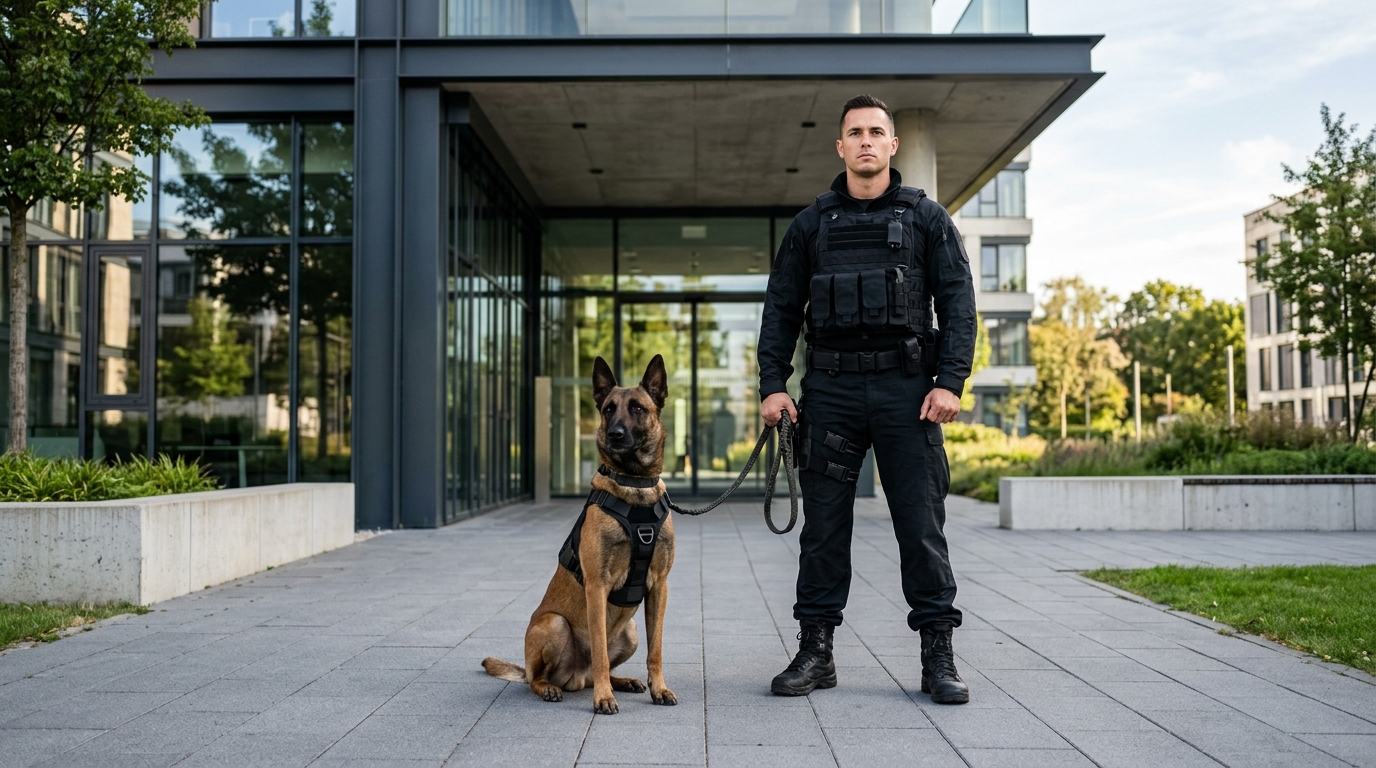 Agent de sécurité cynophile en tenue d'intervention noire avec son chien de patrouille