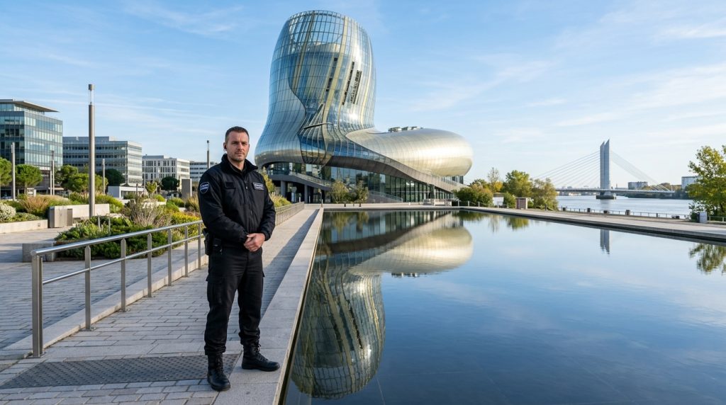 Agent de sécurité en tenue noire posté devant l'architecture moderne de Bordeaux