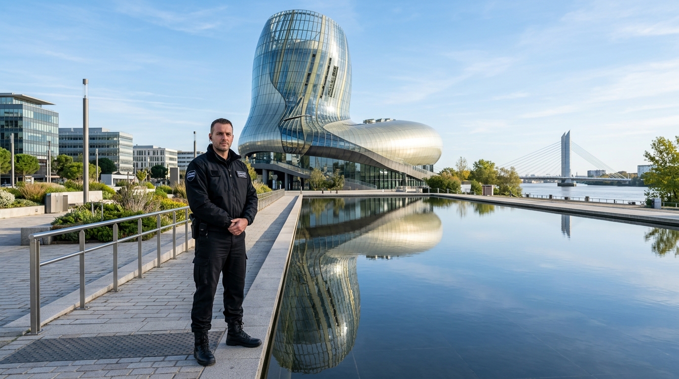 Agent de sécurité en tenue noire posté devant l'architecture moderne de Bordeaux
