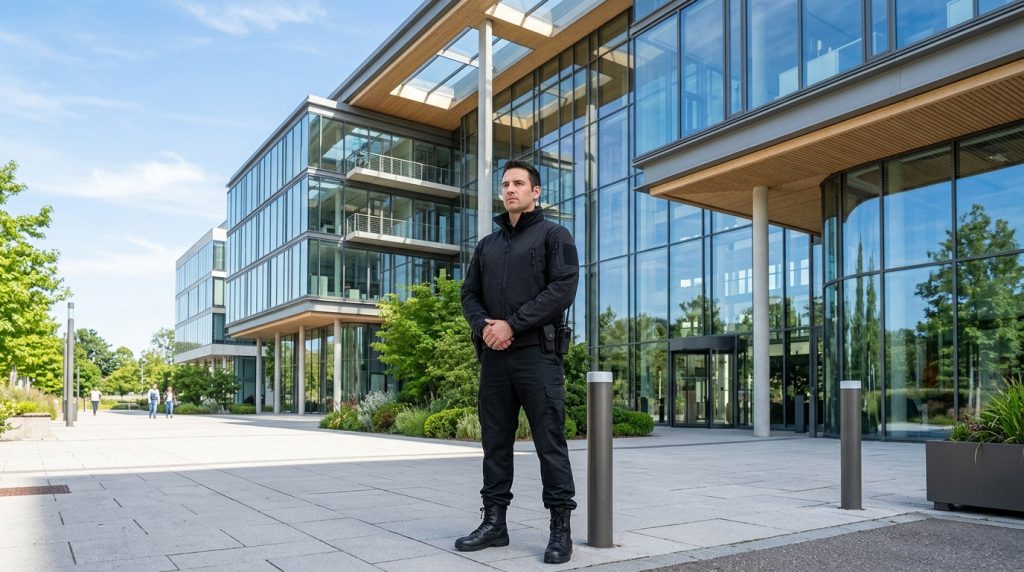 Agent de sécurité privée en tenue noire en surveillance d'un complexe d'entreprises à Colmar