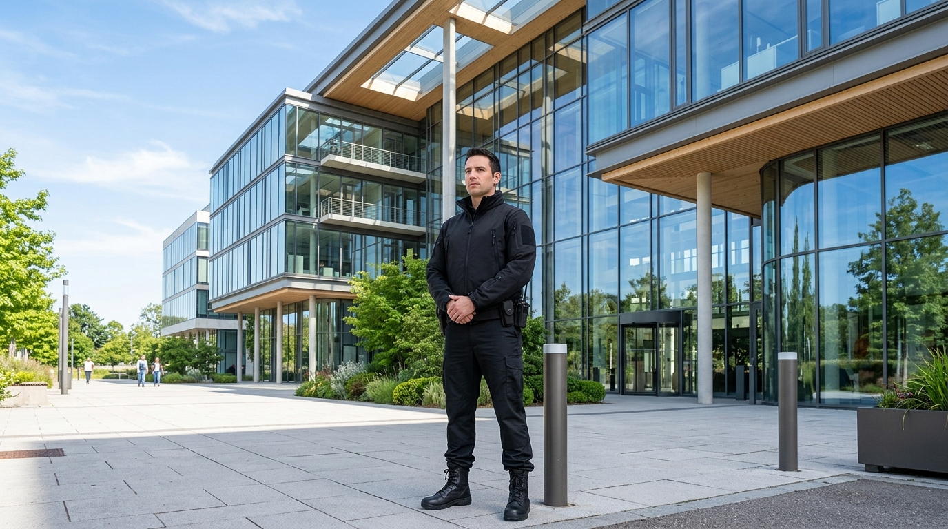 Agent de sécurité privée en tenue noire en surveillance d'un complexe d'entreprises à Colmar