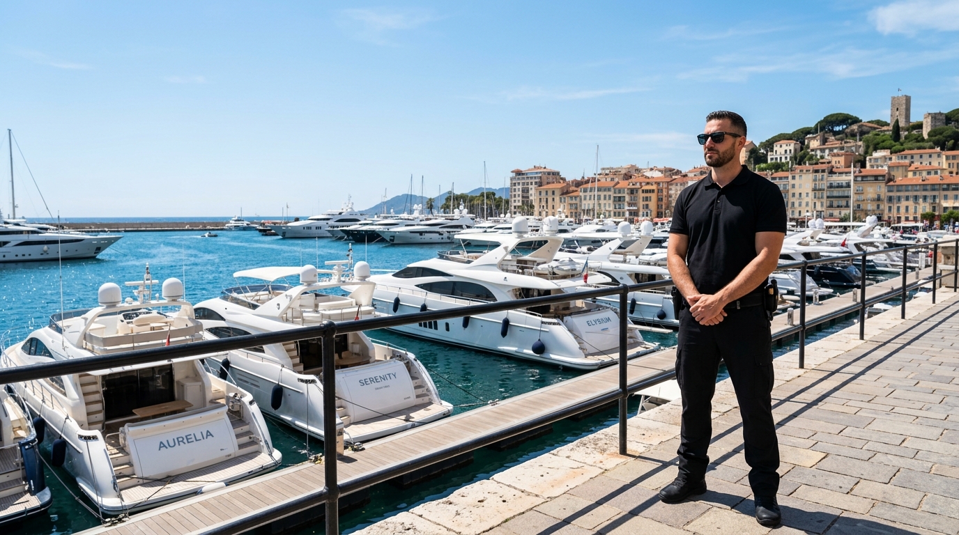 Agent de sécurité en polo noir veillant sur les quais d'une marina de plaisance à Nice
