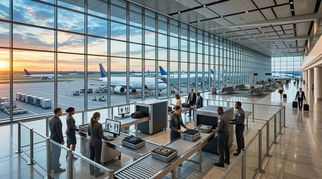 Agents de sûreté aéroportuaire au poste d'inspection filtrage des passagers en aérogare