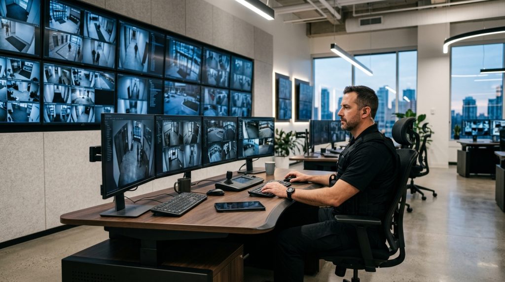 Opérateur de sécurité APS supervisant le mur d'écrans de vidéosurveillance au poste de commandement