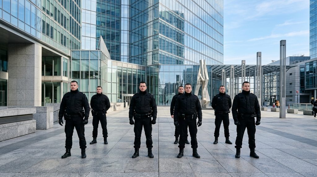 Équipe d'agents de sécurité privée en tenue noire déployée sur une esplanade tertiaire à Paris