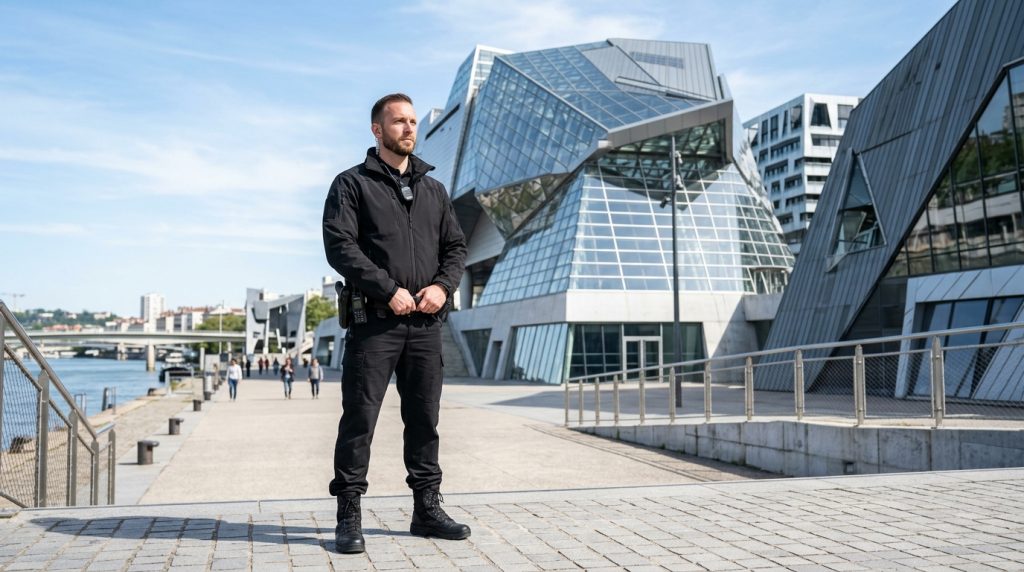 Agent de sécurité en tenue d'intervention noire devant les bâtiments modernes de Lyon Confluence