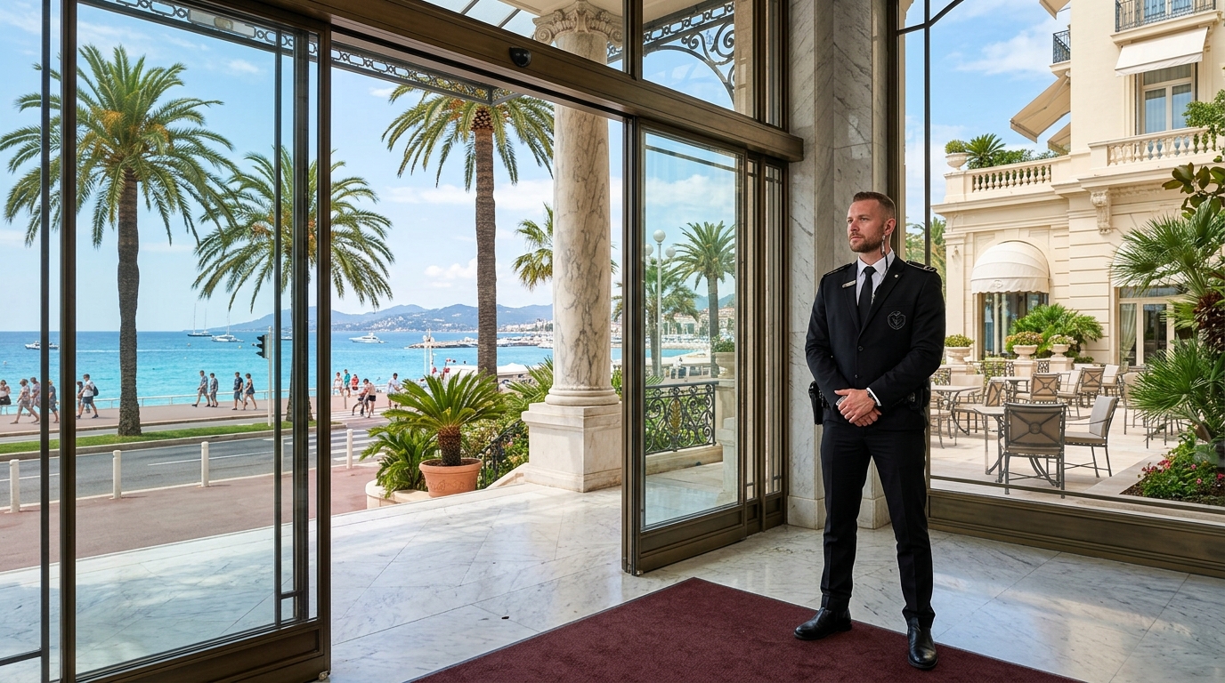 Agent de sécurité privée à l'entrée d'un palace hôtelier sur la promenade à Nice