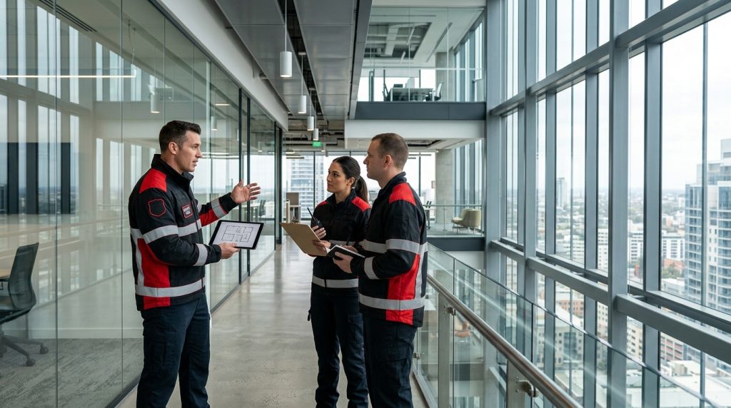Chef d'équipe de sécurité incendie SSIAP 2 briefant ses agents dans un immeuble de bureaux