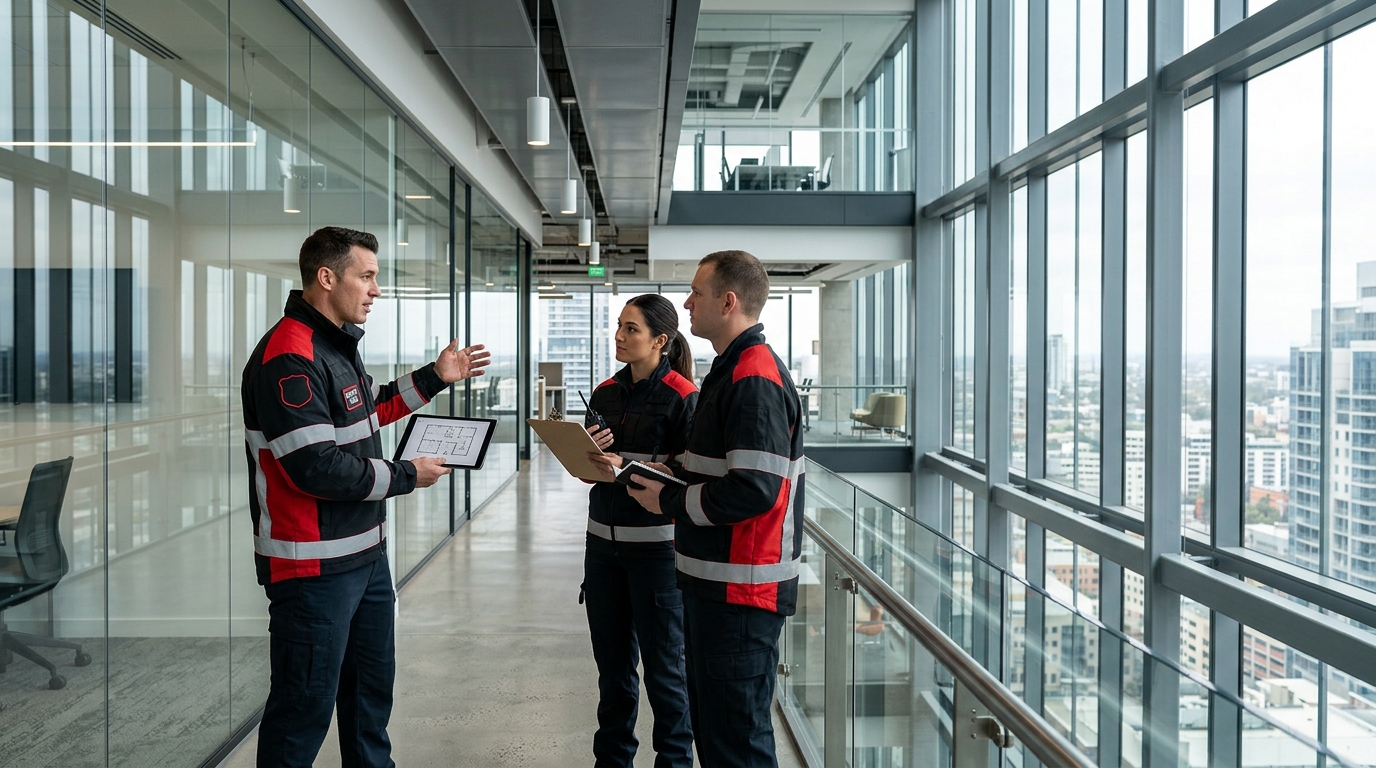 Chef d'équipe de sécurité incendie SSIAP 2 briefant ses agents dans un immeuble de bureaux