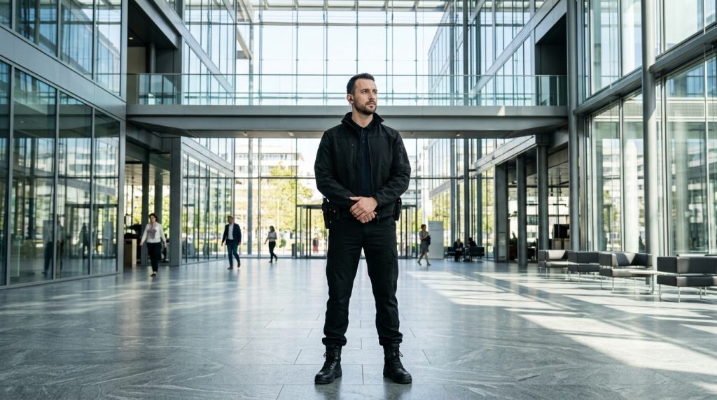 Agent de sécurité en uniforme noir confiant et vigilant dans le hall lumineux d'un grand bâtiment