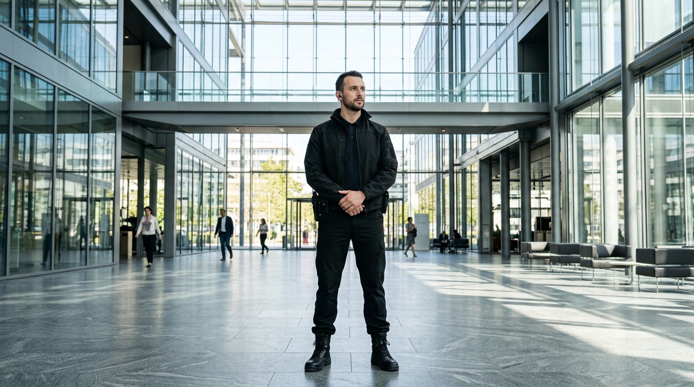 Agent de sécurité en uniforme noir confiant et vigilant dans le hall lumineux d'un grand bâtiment