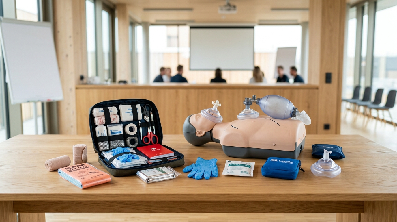 Équipements pédagogiques de secourisme et mannequin de formation disposés dans un atelier