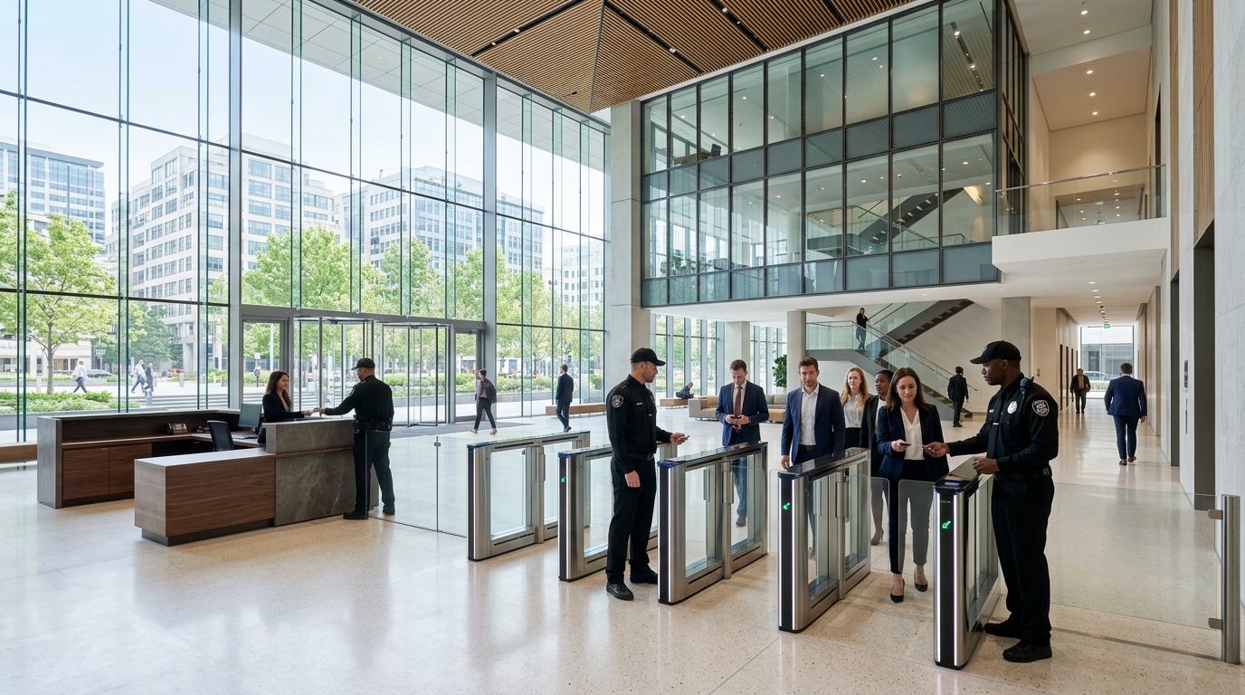 Filtrage et contrôle d'accès par des agents de sécurité au hall d'accueil d'une grande entreprise