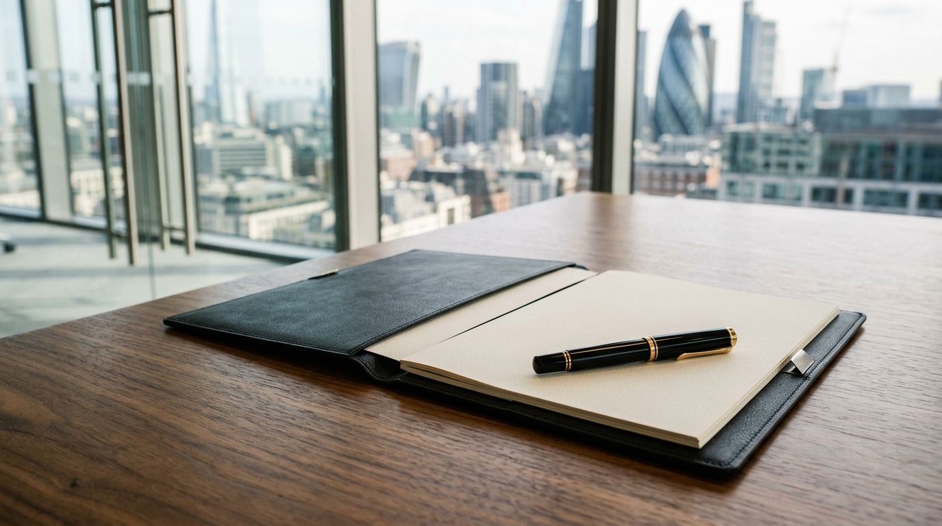 Dossier d'apprentissage ouvert avec stylo de signature devant une vue panoramique urbaine